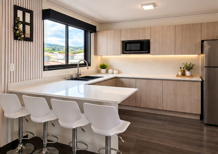 Cocina blanca con barra y bancos altos