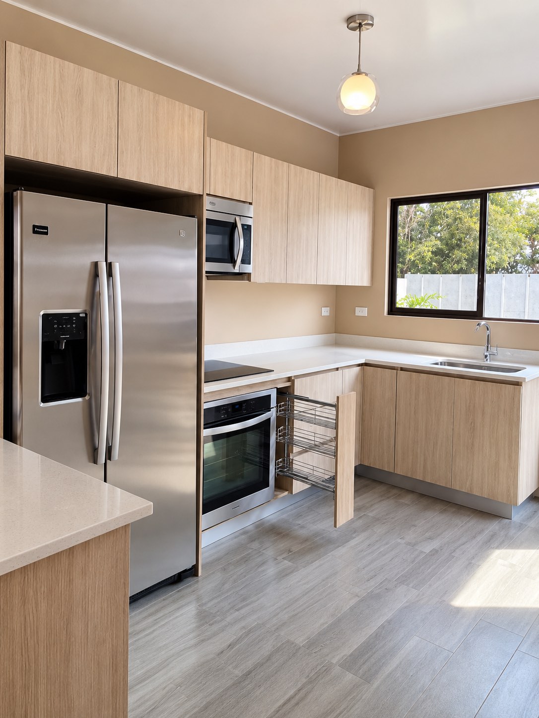 Cocina en tono roble claro con sobre de cuarzo y ventana